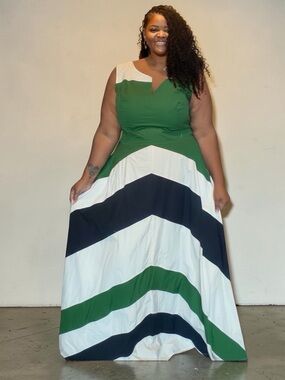 Custom Green and White Chevron Maxi Dress - Sleeveless Plus Size